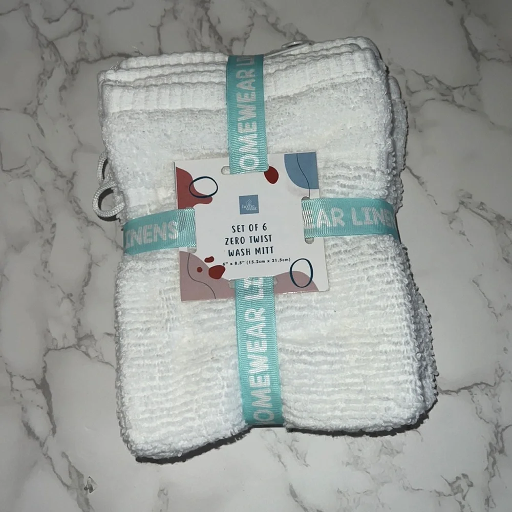 NWT 6pk hand wash clothes zero Twist 100% cotton Wash Mitts- white